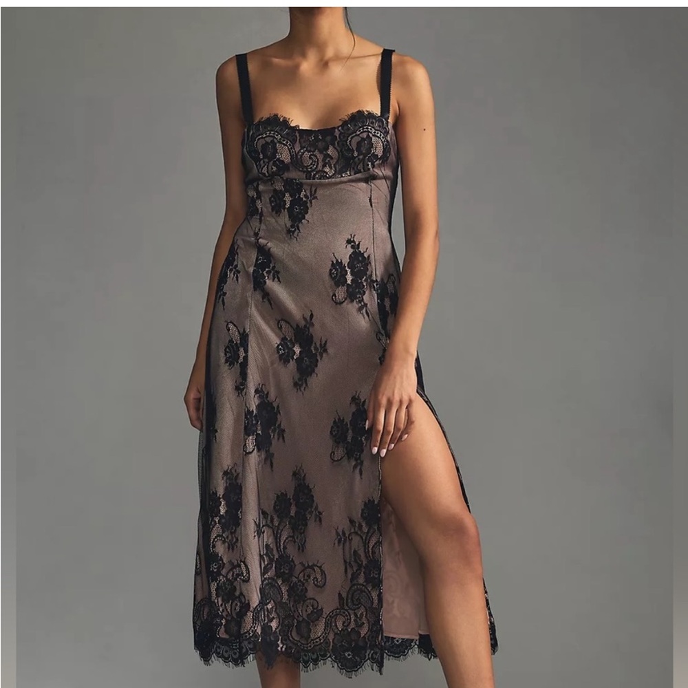 Anthropologie Lace-Trim Midi Slip Dress in Taupe and Black